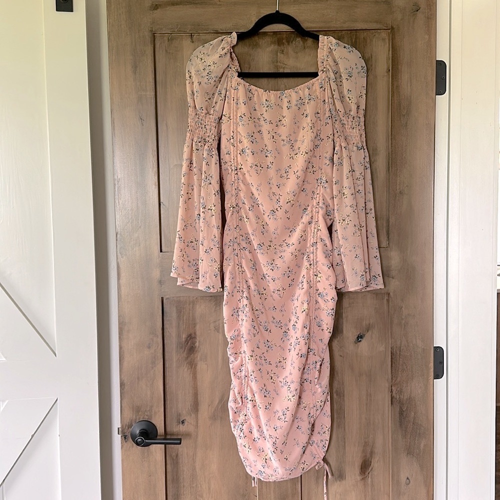 Ruched floral women’s dress in blush pink by exlura